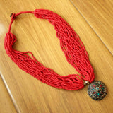 Tibetan Nepal Jewelry Red Coral Beads Brass Pendant Necklace