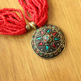 Tibetan Nepal Jewelry Red Coral Beads Brass Pendant Necklace