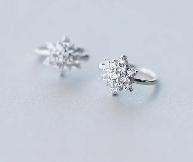 925 Sterling Silver Snowflake Clip Earrings with Crystals CZ Stone Set