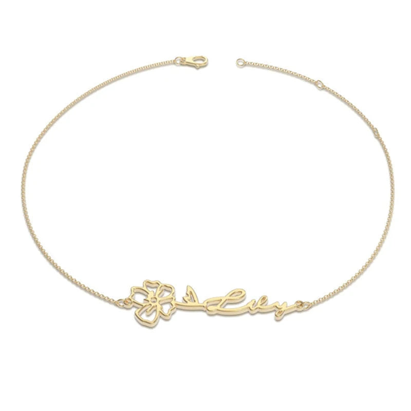 Personalized Name Bracelet Birth Flower Stainless Steel Plated