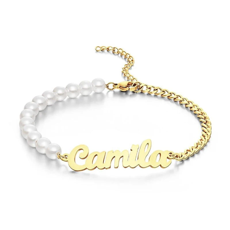 Personalized Name Bracelet with Pearl Chain Women's Jewelry Gift