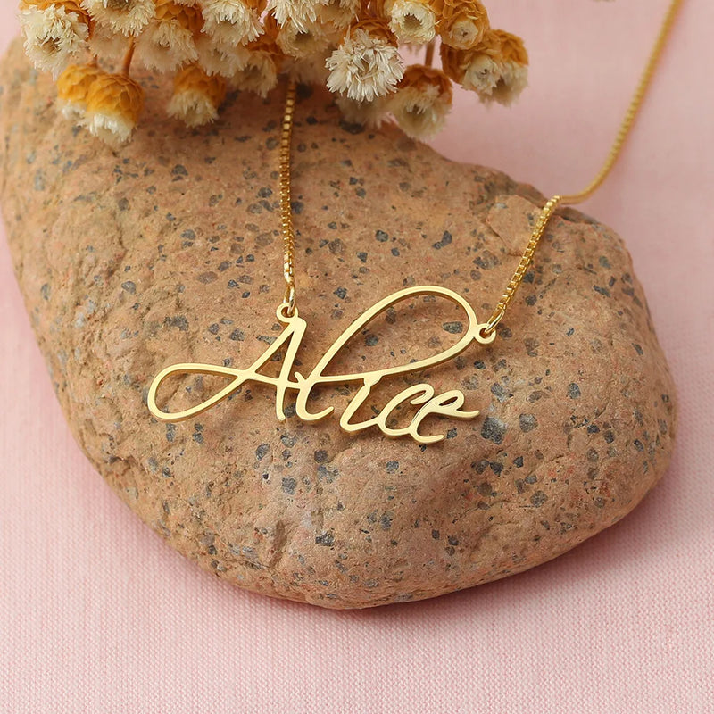 Name Necklace with Box Chain Stainless Steel Nameplate Choker Mothers Gift