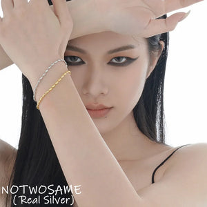 925 Silver Bracelets Glossy Rice Beads Bangles