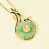 Natural Jadeite Peacock Pendant Necklace Enamel Phoenix Jewelry 925 Silver
