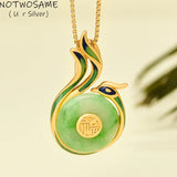 Natural Jadeite Peacock Pendant Necklace Enamel Phoenix Jewelry 925 Silver