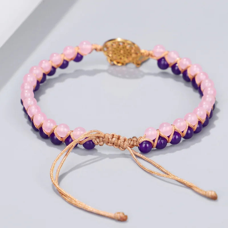 Amethysts RoseQuartz Hand Braided Double Layers Stone Bead Bracelet