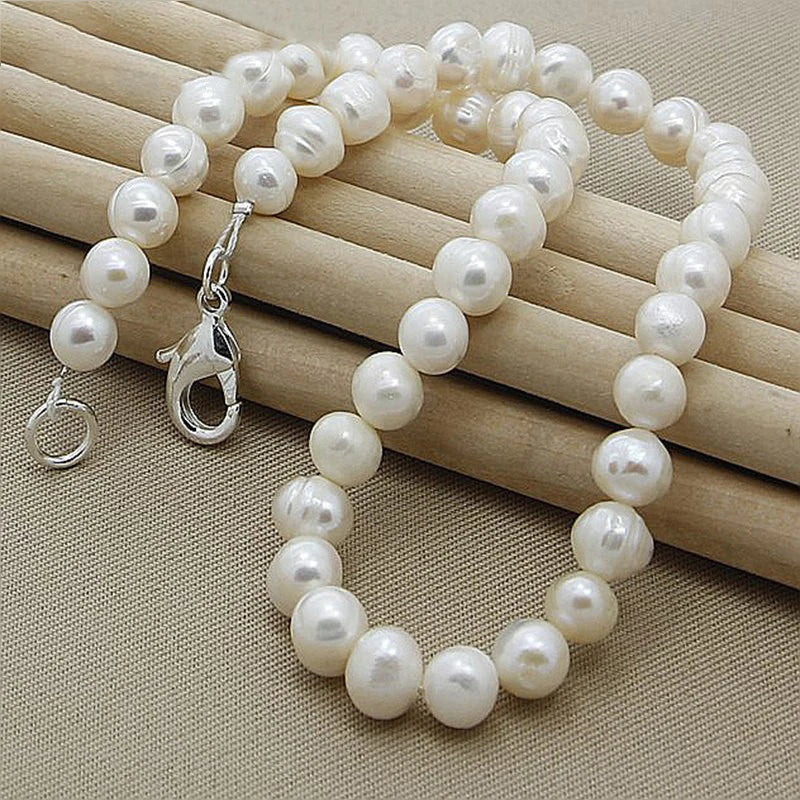 8mm Natural Pearl 925 Sterling Silver Chain Necklace Woman Engagement Wedding
