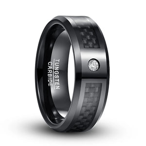 8mm Tungsten Carbide Steel Ring Bevel Edge Carbon Fiber Zircon Wedding Rings Men