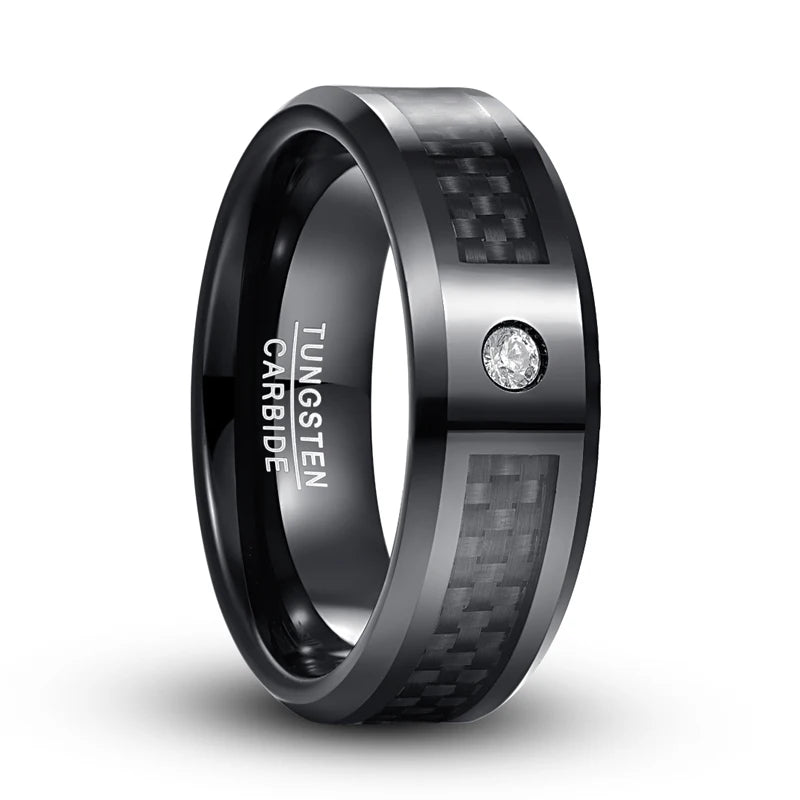 8mm Tungsten Carbide Steel Ring Bevel Edge Carbon Fiber Zircon Wedding Rings Men