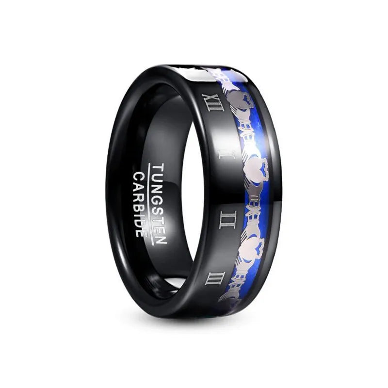 8mm Tungsten Steel Men's Ring Engraved Claddagh Pattern Roman Numeral