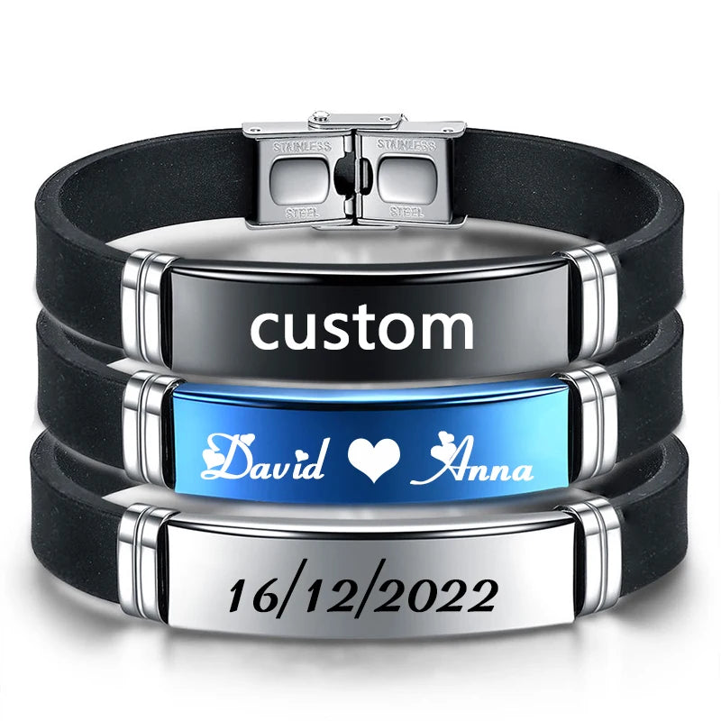 NUOBING Personalized Silicone Bracelet Stainless Steel ID Tag Unisex Jewelry