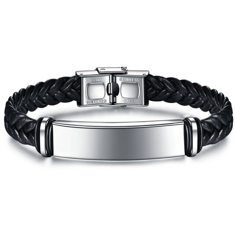 Custom Engraved Leather Bangle & Bracelet Stainless Steel ID Bracelet