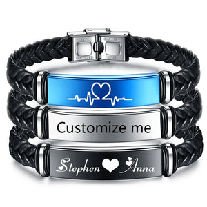 Custom Engraved Leather Bangle & Bracelet Stainless Steel ID Bracelet