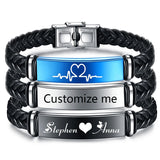 Custom Engraved Leather Bangle & Bracelet Stainless Steel ID Bracelet
