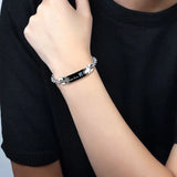 NUOBING Couple Lover Bracelet Steel CZ Stone Engrave Text Date Charm Gift