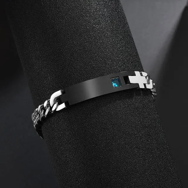 NUOBING Couple Lover Bracelet Steel CZ Stone Engrave Text Date Charm Gift