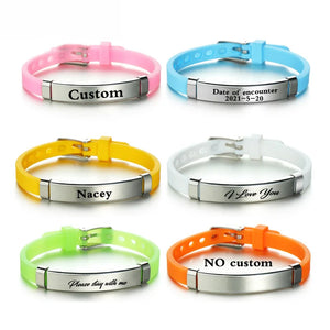 NUOBING Engrave Name Date ID Soft Silicone Bracelets Stainless Steel Text Logol