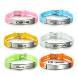 NUOBING Engrave Name Date ID Soft Silicone Bracelets Stainless Steel Text Logol