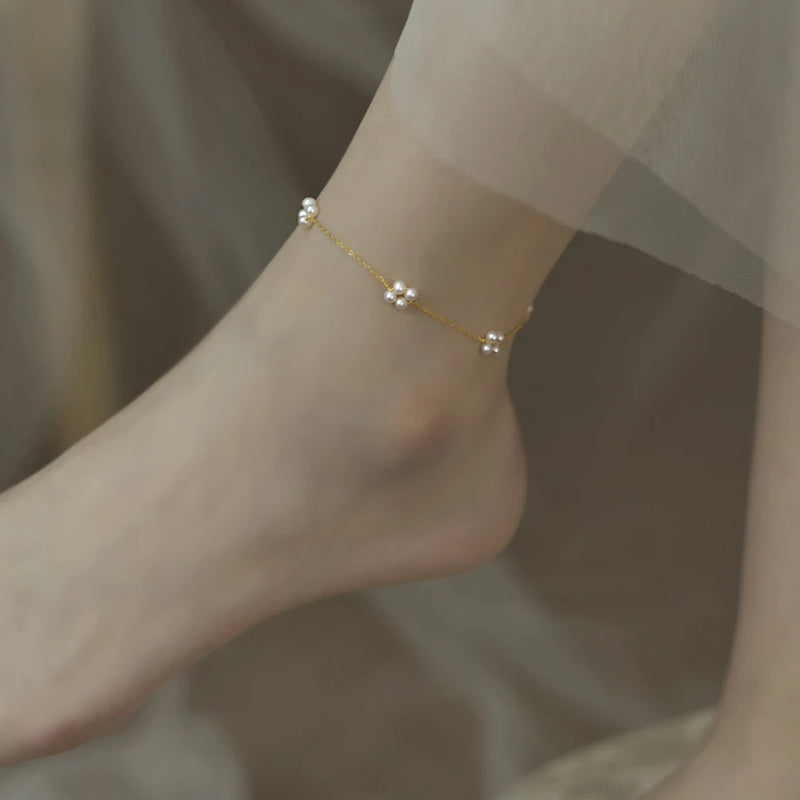 Natural Freshwater Pearl Anklet Retro Style 14K for Women