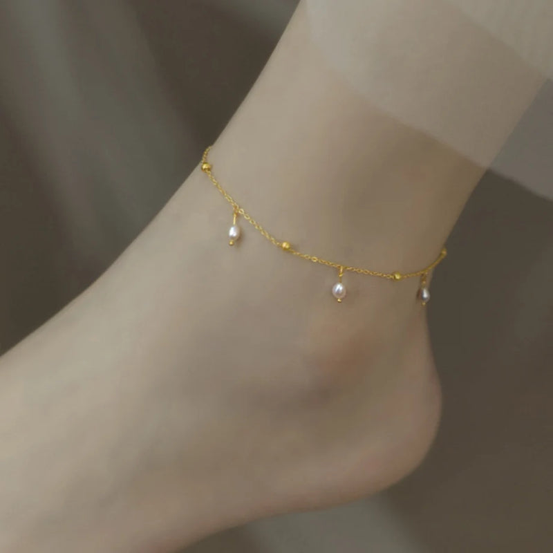 Vintage Style Freshwater Pearl Anklet 14K Adjustable Chain