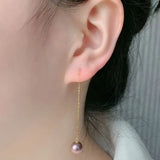 Pure18K Long Natural Freshwater Pearl Earrings Purple AU750 Jewelry