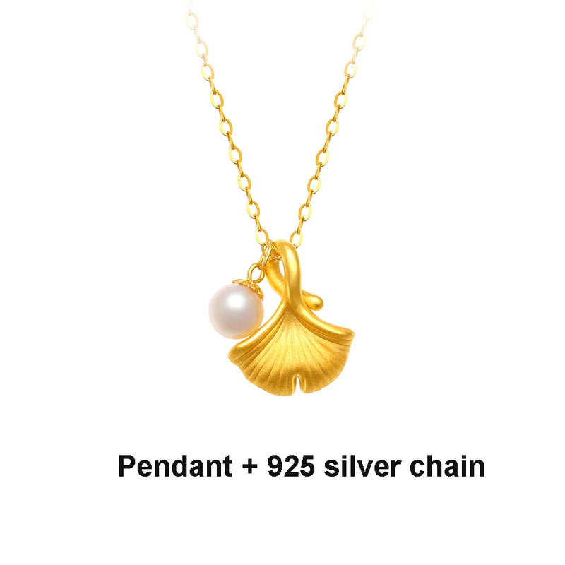 24K Ginkgo Biloba Pendant Necklace with 18K Chain for Women