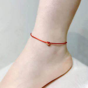 Real 24K Anklet 999 Heart Pendant Adjustable Red Rope for Women J573