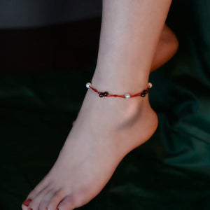 Freshwater Pearl Anklet Garnet Hand Woven Red String Women Fine Jewelry