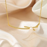 925 Silver Diamondset Bowknot Pearl Necklace Wedding Charm Jewelry