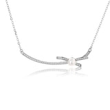 925 Silver Diamondset Bowknot Pearl Necklace Wedding Charm Jewelry