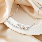 925 Silver Diamondset Bowknot Pearl Necklace Wedding Charm Jewelry