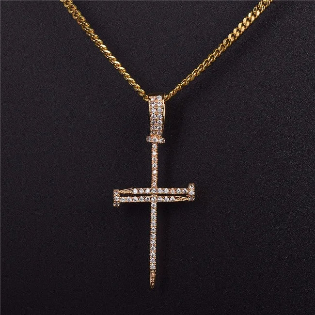 Nail Cross Pendant Iced Rock Street Necklace Chain Hip Hop Jewelry