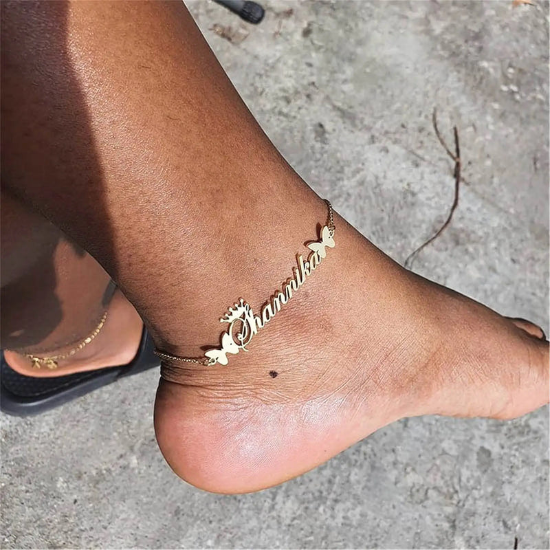 Custom Name Anklet-Gold Anklet With Butterfly-Personalized Gift For Women