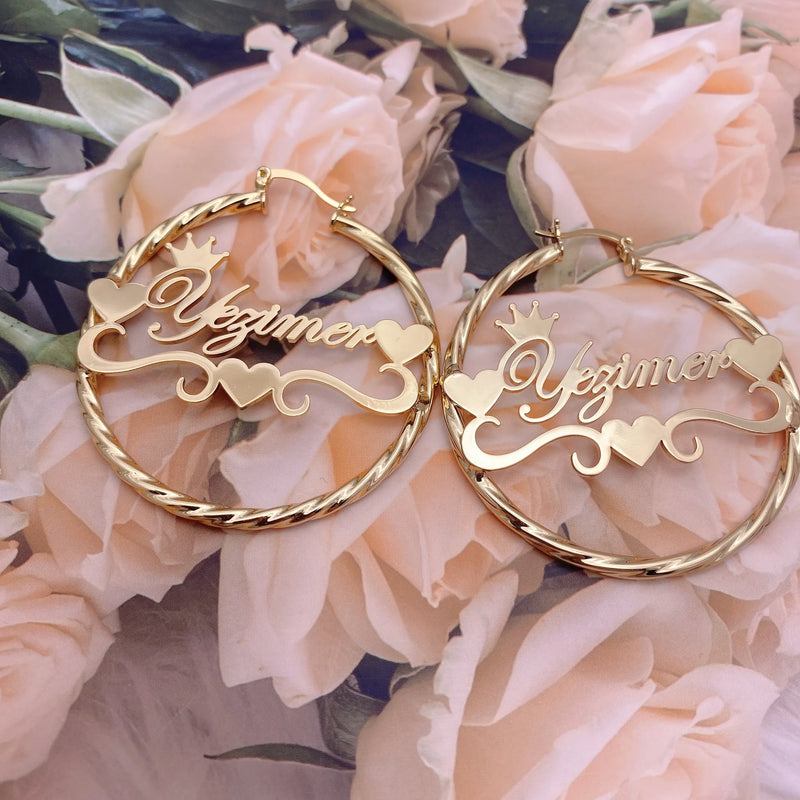 Bamboo Hoop Name Earrings Heart Style Gift for Women