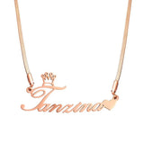 Crown Nameplate Necklace with Heart - Stainless Steel for Women