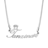 Crown Nameplate Necklace with Heart - Stainless Steel for Women