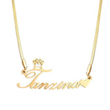 Crown Nameplate Necklace with Heart - Stainless Steel for Women