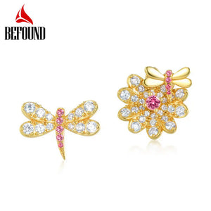 Zircon Inlaid 925 Silver Flower & Dragonfly Earrings