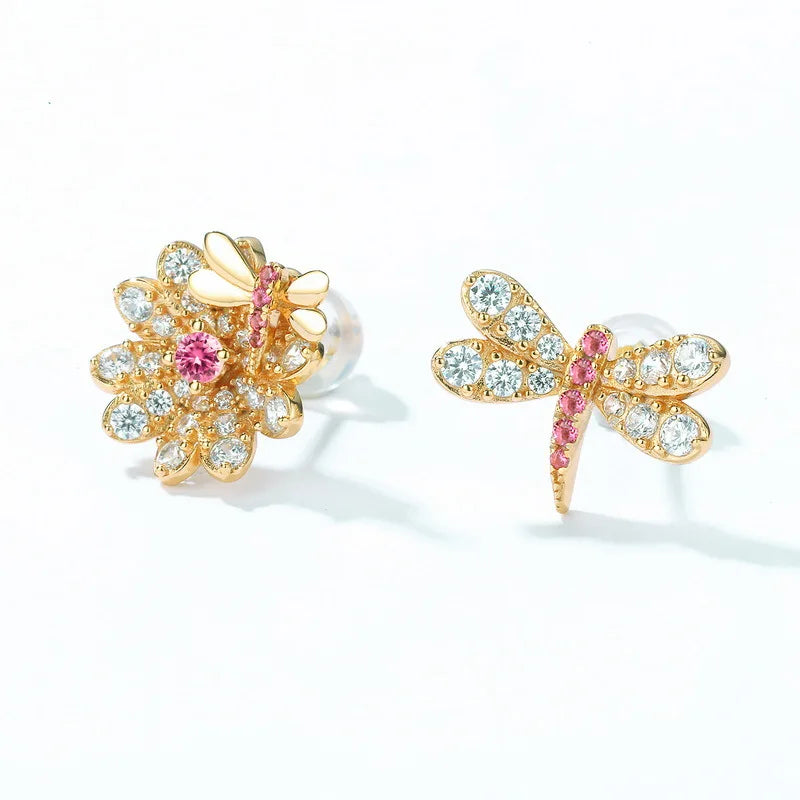 Zircon Inlaid 925 Silver Flower & Dragonfly Earrings