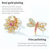 Zircon Inlaid 925 Silver Flower & Dragonfly Earrings