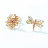 Zircon Inlaid 925 Silver Flower & Dragonfly Earrings