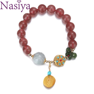 Strawberry Quartz Beads Bracelet Crystal Charm Bangle for Women