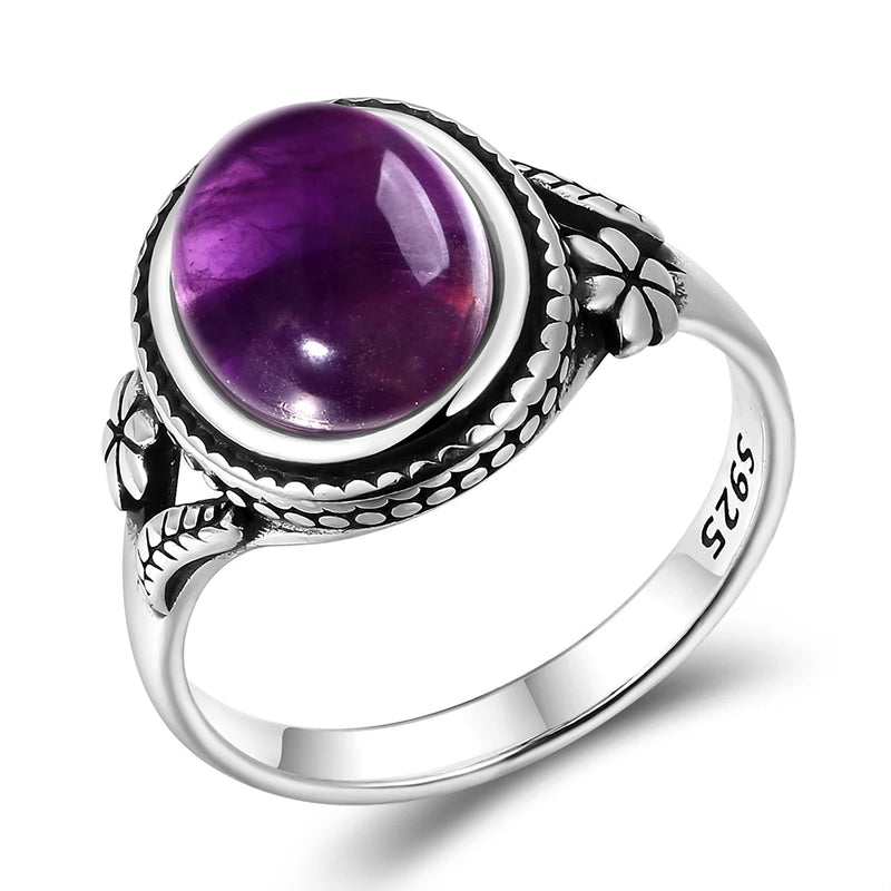 Vintage Amethyst Silver Ring for Women: 8x10MM Oval Natural Stone