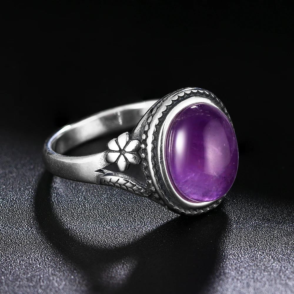 Vintage Amethyst Silver Ring for Women: 8x10MM Oval Natural Stone