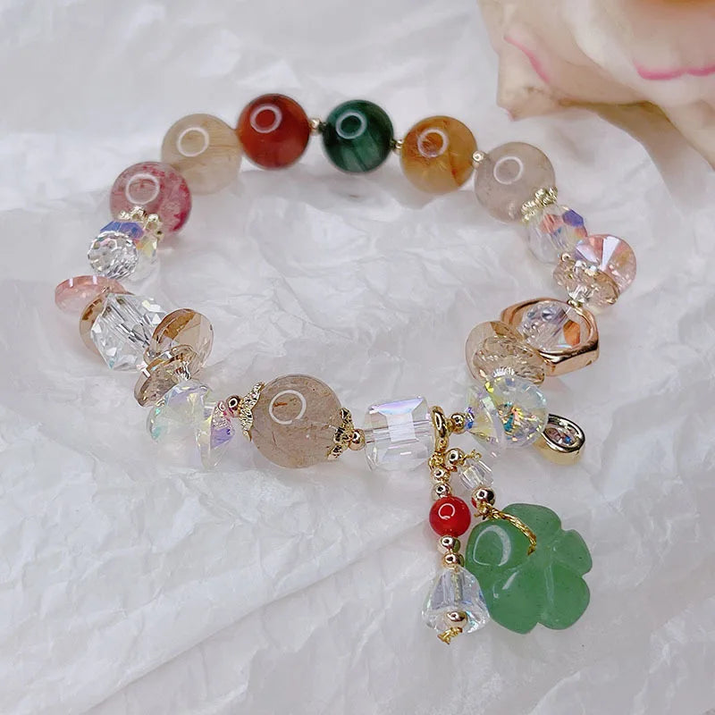Green Jade Flower Agate Bracelet Multicolor Beaded Women's Jewelry