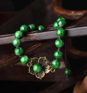 Vintage Green Bead Flower Bracelet Agate Hand Woven Jewelry