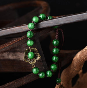 Vintage Green Bead Flower Bracelet Agate Hand Woven Jewelry