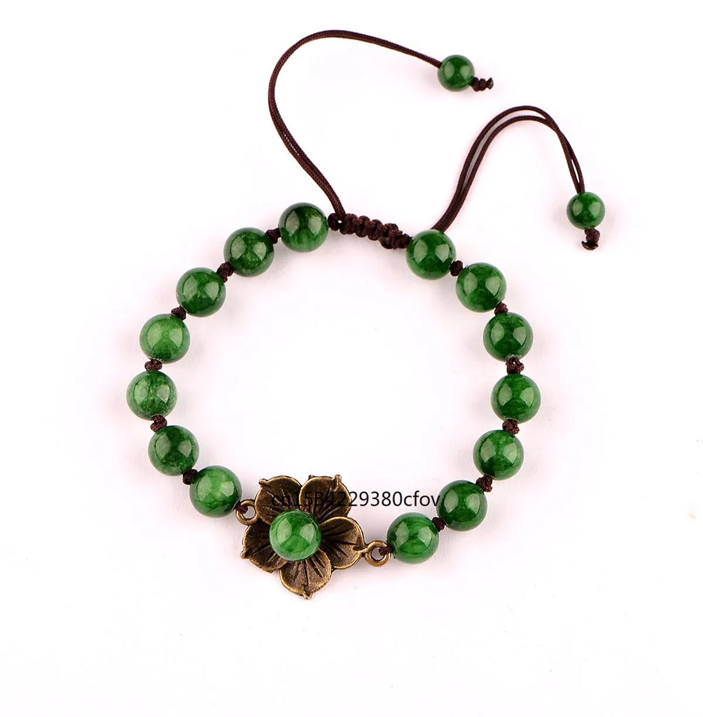 Vintage Green Bead Flower Bracelet Agate Hand Woven Jewelry