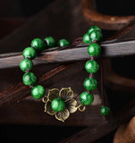 Vintage Green Bead Flower Bracelet Agate Hand Woven Jewelry