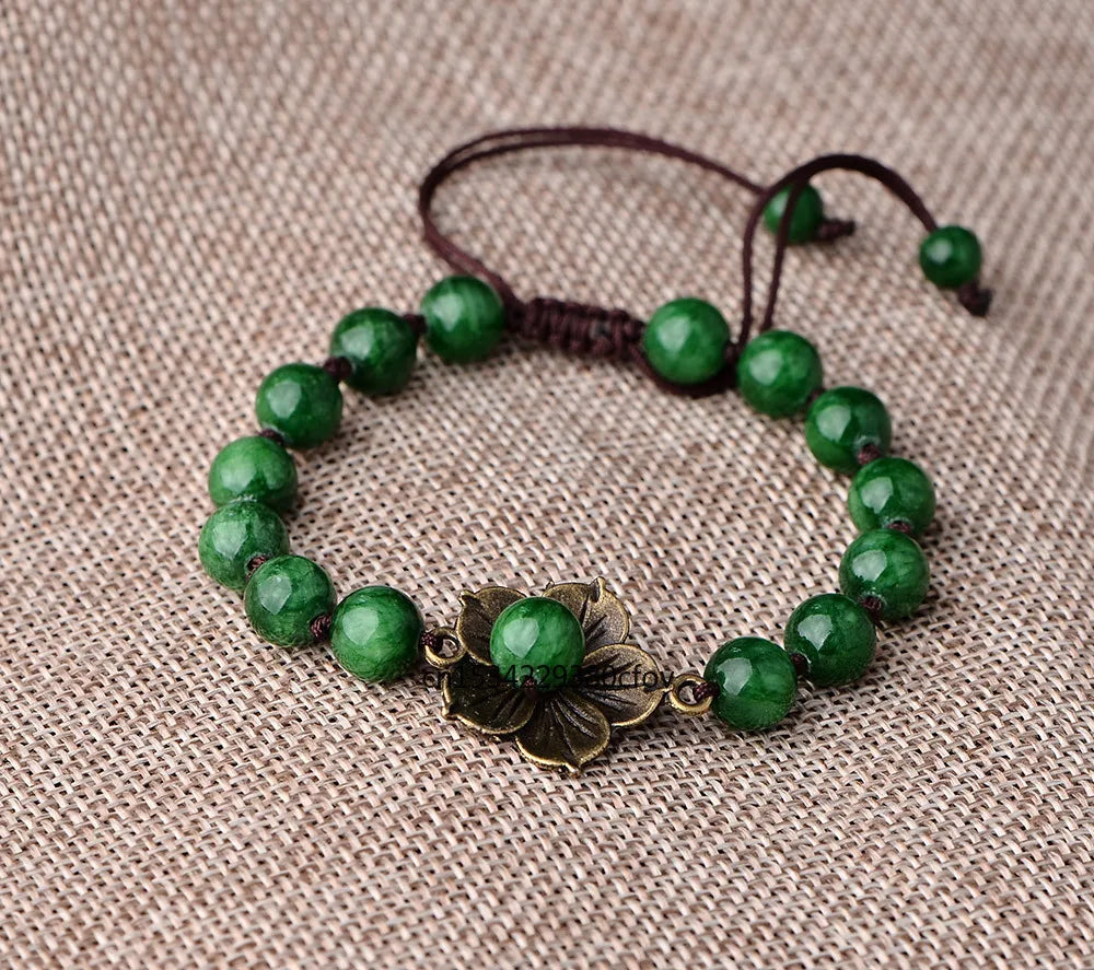 Vintage Green Bead Flower Bracelet Agate Hand Woven Jewelry